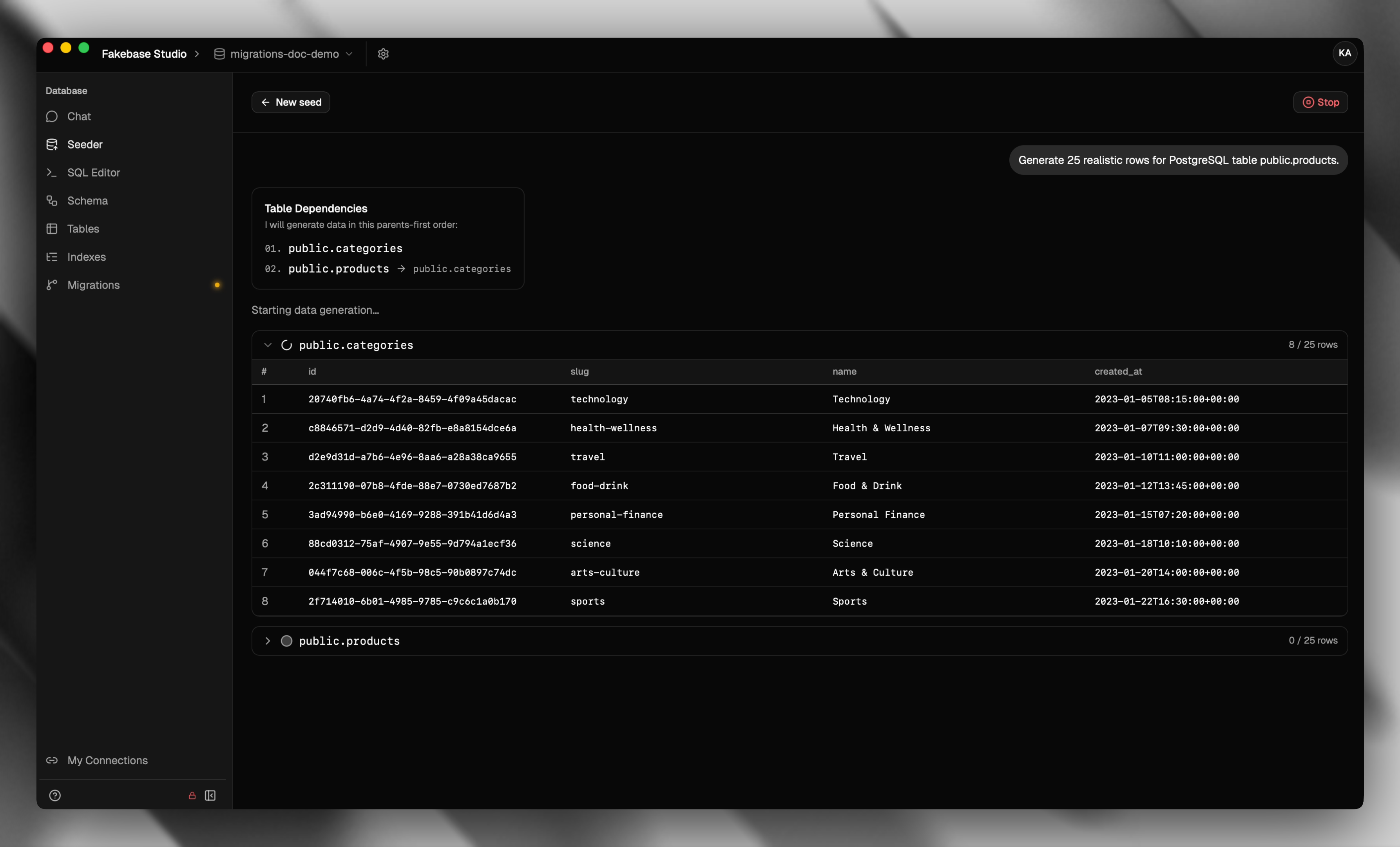 Seeding data in Fakebase Studio