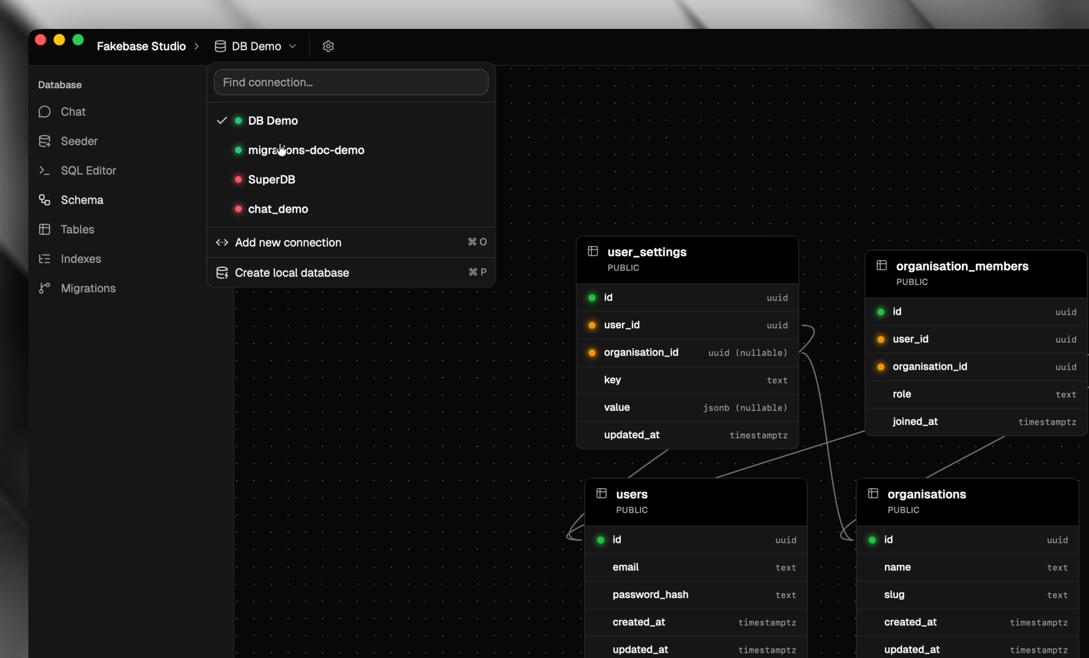 Switching databases in Fakebase Studio